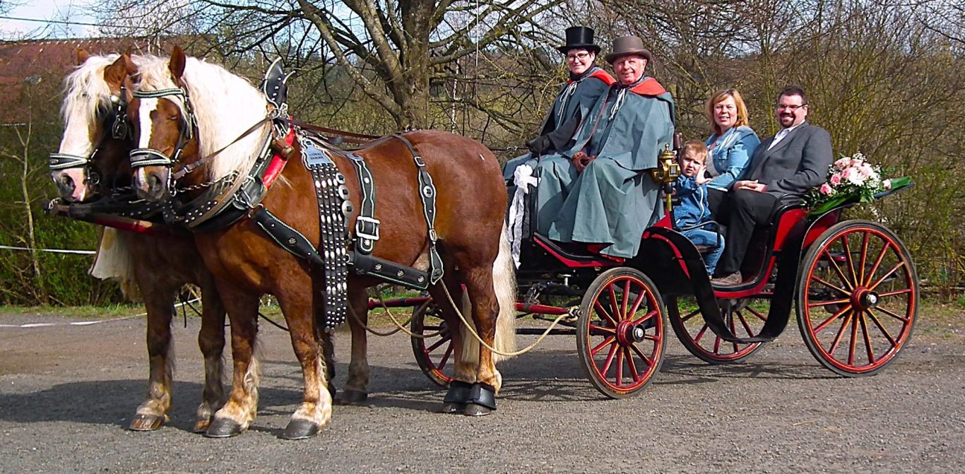 Hochzeitskutsche in der Eifel mit Pferden für eine romantische Hochzeitsfahrt.