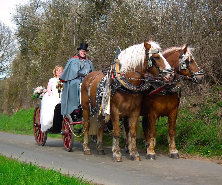 Brautpaar in einer Hochzeitskutsche mit Pferden und Kutscher bei einer romantischen Hochzeitsfahrt in der Eifel.