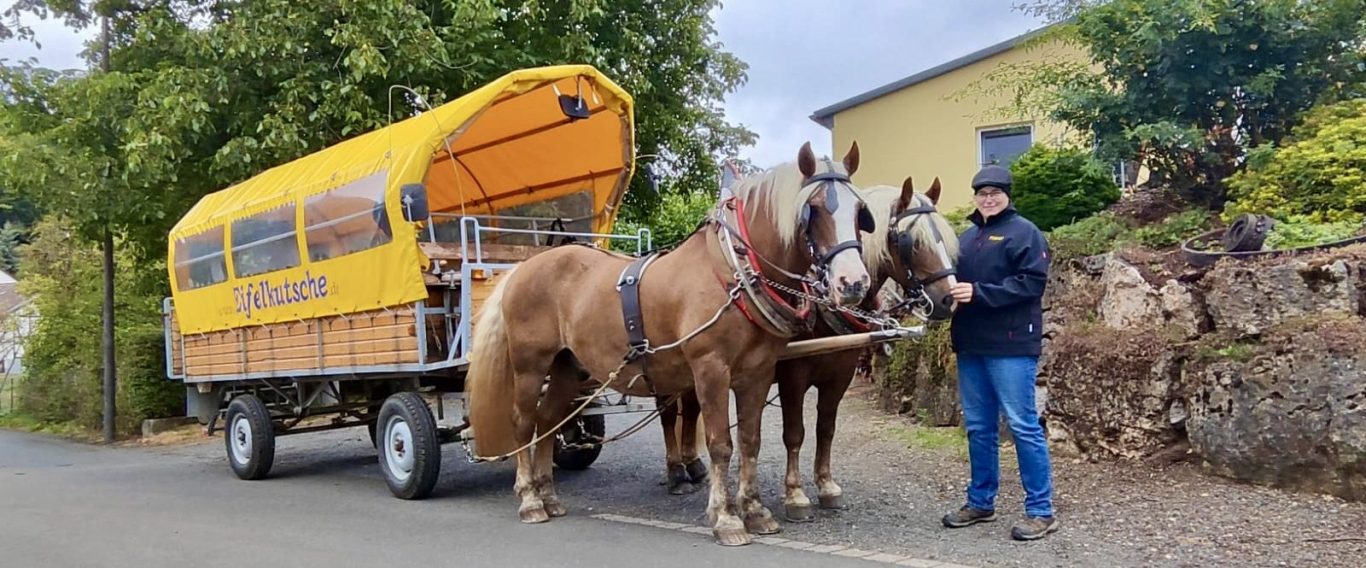Planwagenfahrten in der Eifel mit Pferden und Planwagen der Eifelkutsche in Berndorf.